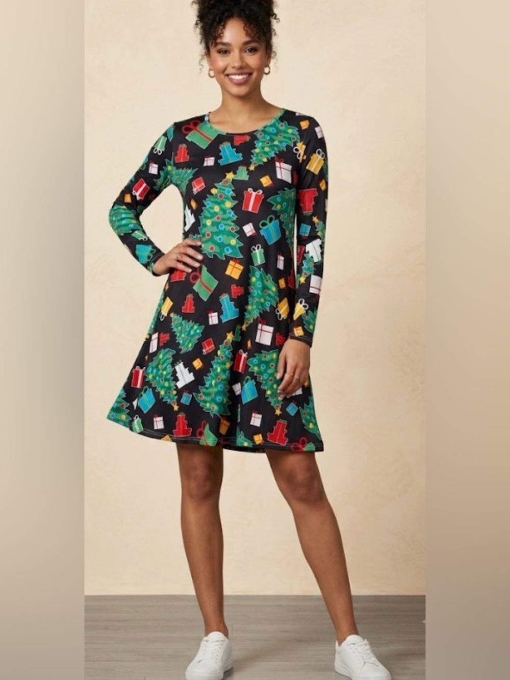 Holiday long sleeve dress size 8, with Christmas trees and presents